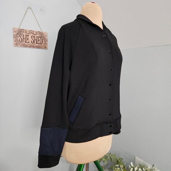 Garbe Luxe Jacket Womens Large Mixed Media Black Blue Snap Front Pockets Stretch - Picture 3 of 14